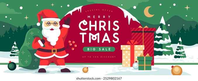 Christmas big sale holiday banner or poster with Santa Claus, Christmas tree, gift boxes and winter landscape. Christmas background. Flat design. Vector illustration