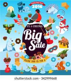 Christmas big sale with icons, happy new year, shopping