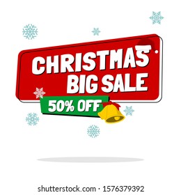 Christmas Big Sale Label 50% Off Decoration with Santa Hat, Snowflake, and Bells Vector for Banner, Poster and Flyer