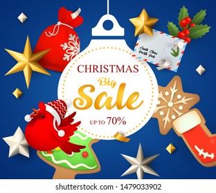 Christmas Big Sale poster design with ginger bread man and cookies on dark blue background. Up to seventy percent lettering can be used for posters, leaflets, announcements