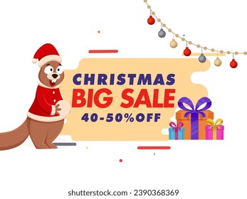 Christmas Big Sale Poster Design with 40-50% Discount Offer, Gift Boxes and Cartoon Squirrel Holding Snowball on White and Yellow Background.