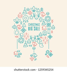 Christmas big sale poster with red and blue festive symbols vector illustration