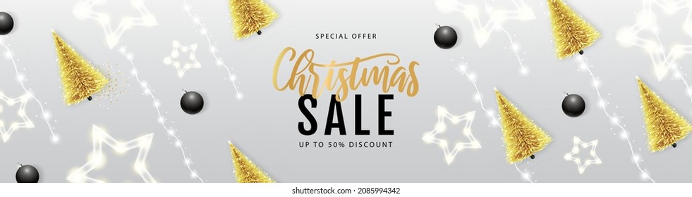 Christmas big sale poster with christmas tree and string of lights. Christmas holiday background. Vector illustration