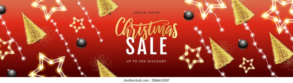 Christmas big sale poster with christmas tree and string of lights. Christmas holiday background. Vector illustration