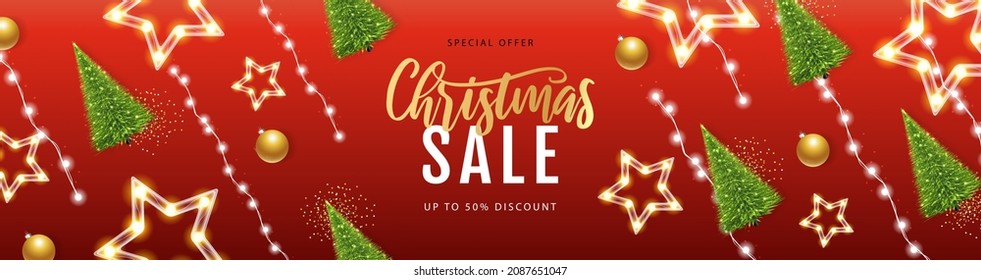 Christmas big sale poster with christmas tree and string of lights. Christmas holiday background. Vector illustration