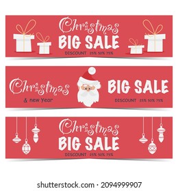 Christmas big sale red banners set. New Year discount coupons and shopping promotion posters with Santa Claus, gift boxes and Christmas decorations. Flat vector illustration.