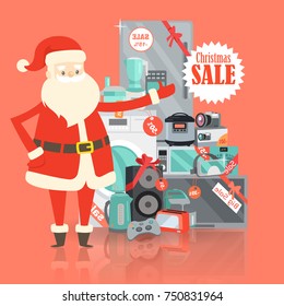 Christmas big sale from Santa Claus in storehouse. Selling electrical power and modern devices big refrigerator, modern new camera, joystick for playstation, nowaday microwave vector illustration