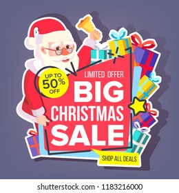 Christmas Big Sale Sticker Vector. Santa Claus. Black Friday Winter Bright Design. Promo Icon. Price Tag Label. Isolated Illustration