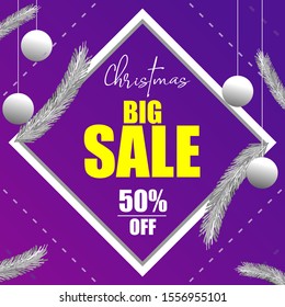 Christmas Big Sale. Template for Bussines, shop. Purple background. Design with white ball, pines, and frame