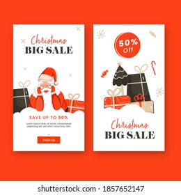 Christmas Big Sale Template Design Set With 50% Discount Offer, Gift Boxes And Santa Claus Character.