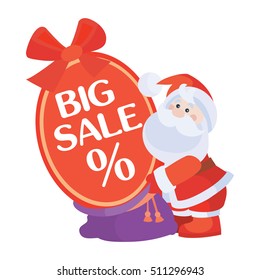 Christmas big sale vector. Flat design. Santa with sale poster. Simple xmas sticker with text and santa. For winter holidays shopping, discounts ads. Purchase gifts for holidays. On white background.