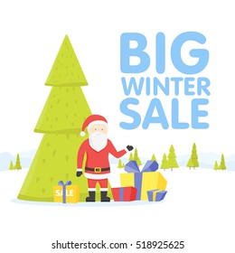 Christmas big sale vector. Flat design. Santa with sale poster. For winter holidays shopping, discounts ads. Purchase gifts for holidays.