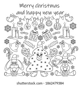 Christmas big set doodles or coloring christmas tree gifts animals candy snowflakes