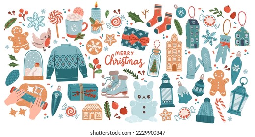 Navidad gran conjunto de elementos con galletas, casas, regalos, suéter, árbol de pieles, coronas. Los stickers están listos. Estilo dibujado a mano