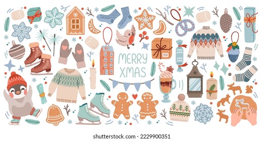 Christmas big set of elements with cookies, houses, presents, sweater, fur tree, wreaths. Stickers set. Hand drawn style