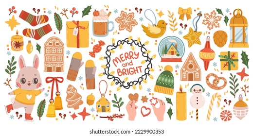 Christmas big set of elements with cookies, houses, presents, sweater, fur tree, wreaths. Stickers set. Hand drawn style