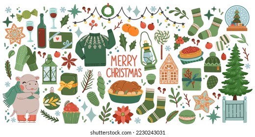 Christmas big set of elements with cookies, houses, presents, sweater, fur tree, wreaths. Stickers set. Hand drawn style