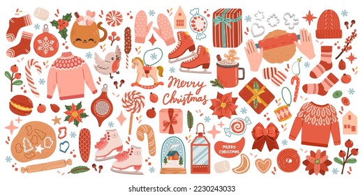 Navidad gran conjunto de elementos con galletas, casas, regalos, suéter, árbol de pieles, coronas. Los stickers están listos. Estilo dibujado a mano