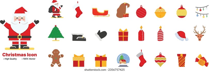 Christmas big set of elements with cookies, globe, lights, bells, balls, presents, candles, tree, wreaths. Stickers set. Vector Illustration