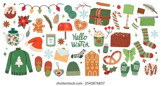 Christmas big set of elements with cookies, houses, presents, sweater, fur tree, wreaths. Stickers set. Hand drawn style isolate on white .