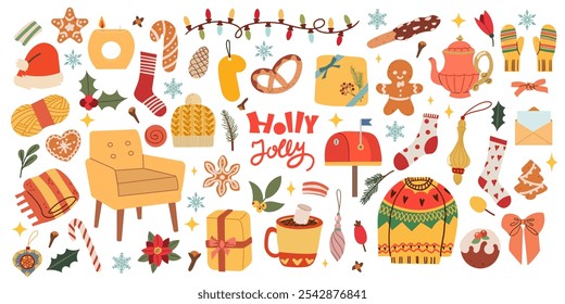 Christmas big set of elements with cookies, houses, presents, sweater, fur tree, wreaths. Stickers set. Hand drawn style isolate on white .