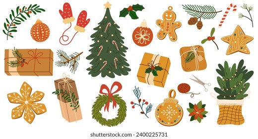 Christmas big set of elements with gingerbread cookies, Christmas tree, toys, presents, fur tree, mittens. Stickers set. Winter holiday decorations. Vector hand draw illustration isolated