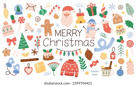 Christmas big set elements. Merry Christmas stickers. Hand drawn vector illustration