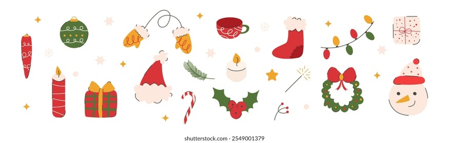 Christmas big set of elements with christmas stocking, presents, candle, cup, hat, tree, wreath. Hand drawn style set of festive symbols and design elements isolated on white.