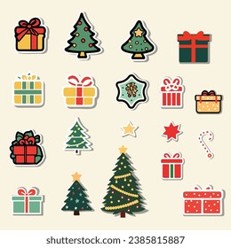 Christmas big set of elements with christmas tree, gift box, santa claus, star, cartoon design