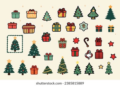 Christmas big set of elements with christmas tree, gift box, santa claus, star, cartoon design