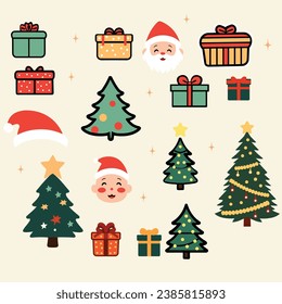 Christmas big set of elements with christmas tree, gift box, santa claus, star, cartoon design