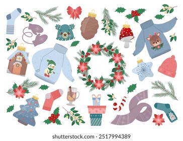 Christmas big set of elements with Christmas tree toys, houses, gifts, sweater, tree, wreaths. Vector illustrations. Hand drawn style. For banner, poster, cards and invitation design.