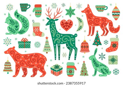 Christmas big set of forest animals, gift boxes, decorations and snowflakes. Xmas color socks, mittens, mugs, fir tree designs. Ornate squirrel, deer, fox, hare vector EPS 10 illustrations.