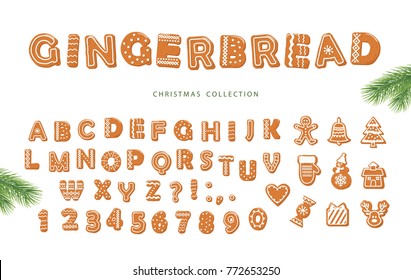 Christmas big set. Gingerbread font and different cookies collection.