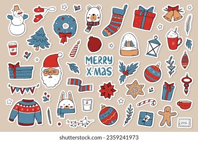 Christmas big set of hand drawn pre made stickers, cartoon elements, clip art for prints, cards, signs, posters, sublimations, etc. EPS 10