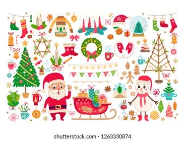 Christmas big set isolated on white background. Cartoon New Year decoration elements collection. Xmas Vector Illustration. 