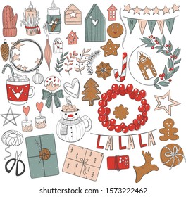 Christmas big set. Merry Christmas! decor, frames, flags, cookies, dessert, sweets, sweets, leaves, decorations. vintage style illustration