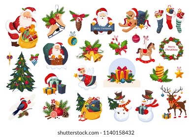 Christmas big set, New Year holiday decoration elements vector Illustrations on a white background