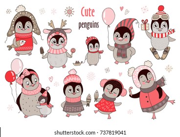 Christmas big set with ten cute penguins and snowflakes for new year's design. Cartoon design for kid t-shirts, greeting cards or postcard for happy mothers day, birthday and other holiday.