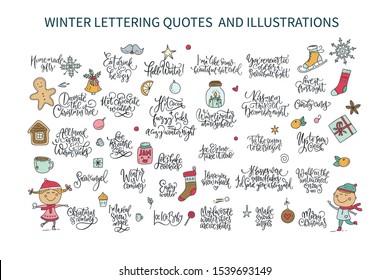 Christmas big vector set. Huge holiday collection with cute cartoon decorative illustrations and hand drawn lettering quotes. Children girl and boy playing snow, gingerbread cookies, candles and socks