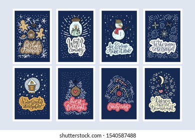 Christmas big vector set. Huge holiday card collection with cute cartoon winter illustrations and hand drawn lettering quotes. Winter is coming, Candy canes. Love at frost sight.