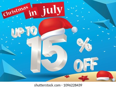 Christmas Biggest Sale in July, poster, or banner template, with santa hat and 3d 15% discount offers.