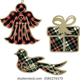 Christmas bird, angel, gift box, tartan plaid, red, gold, green. Christmas ornaments, Christmas Eve, Christmas toys, festive, decoration. Vector, set, collection. Watercolor, Vintage. Greeting design,