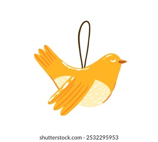 Christmas bird decoration for the tree is drawn in a flat style by hand. New Year, Christmas, Holiday.