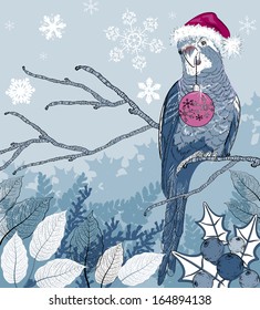Christmas bird with decorations on a tree branch 