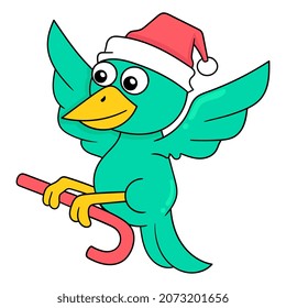 christmas bird flying with candy cane, vector illustration art. doodle icon image kawaii.
