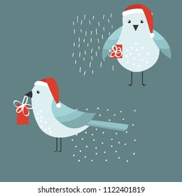 Christmas bird with a gift. Vector illustration