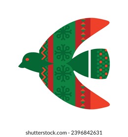 Christmas Bird of Happiness with Norwegian national holiday pattern in red and green colors. Christmas bird in handmade knitted ornate style. Simple flat vector isolated on white background