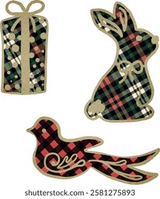 Christmas bird, hare, rabbit, gift box, tartan plaid, red, gold, green. Christmas ornaments, Christmas Eve, Christmas toys, festive, decoration. Vector, set, collection. Watercolor, Vintage. Greeting 