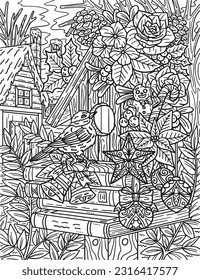 Christmas Bird House Coloring Page for Adults